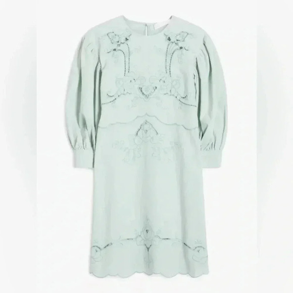 NWT See By Chloé Embroidered Puff Sleeve Mini Dress Autumnal Mint Blue Size 10 - Picture 6 of 13